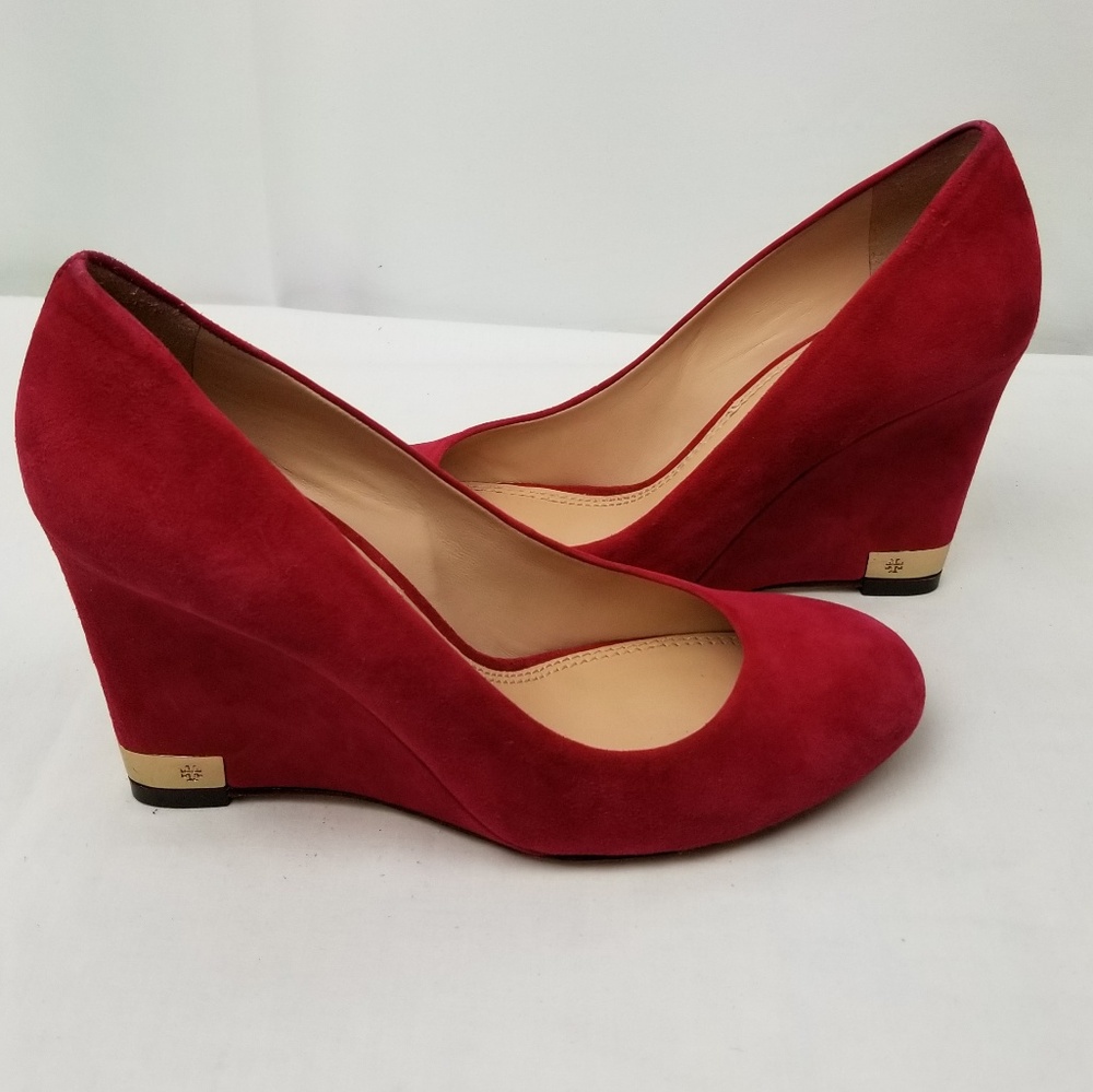 Tory Burch Suede Round Toe Platform Wedges Pumps